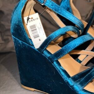 Teal Velvet strappy platform wedge